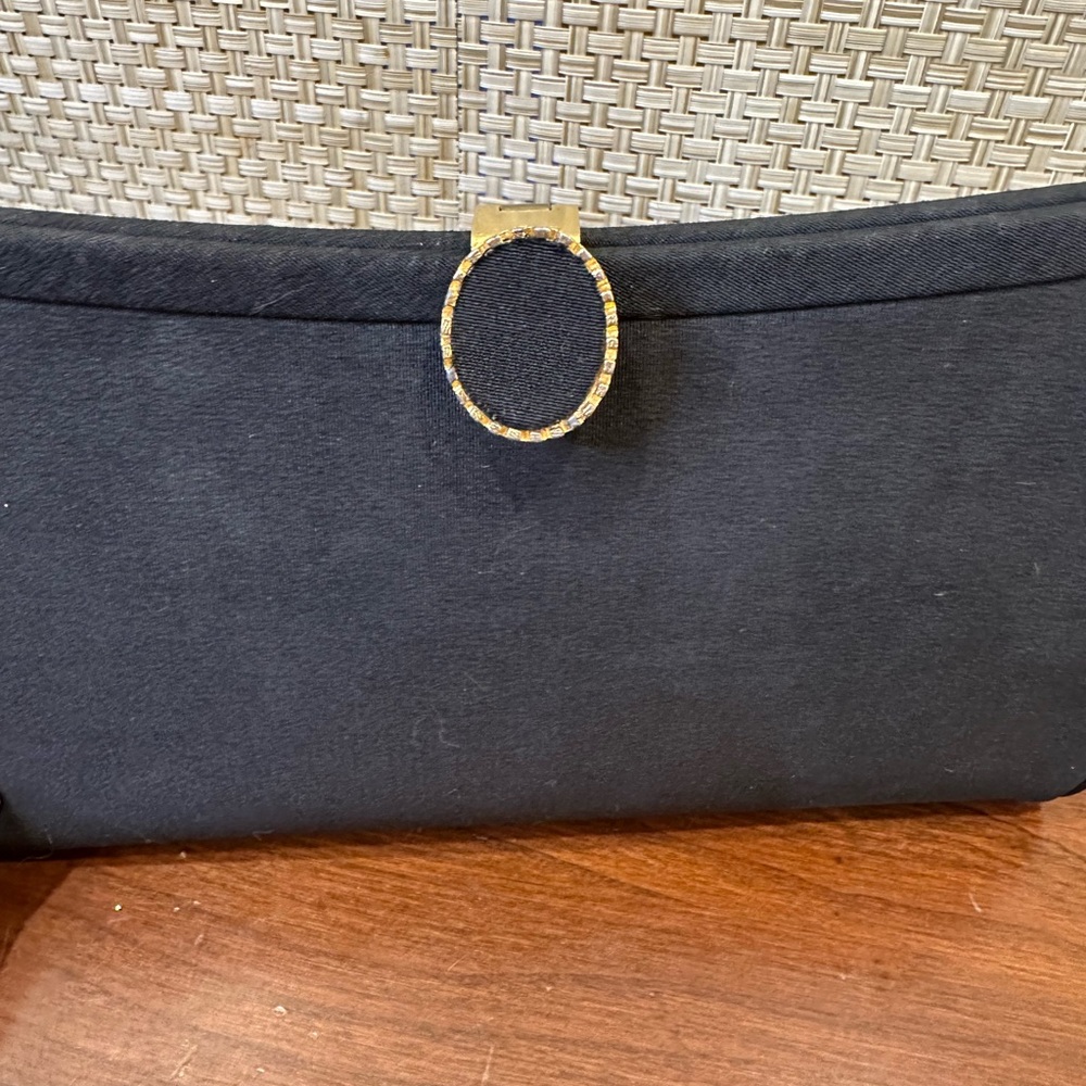 🌟HP🌟VTG 1950s-60s Black Fabric Evening Bag Matching Lift Clasp Gold Tone Chain - Picture 10 of 11